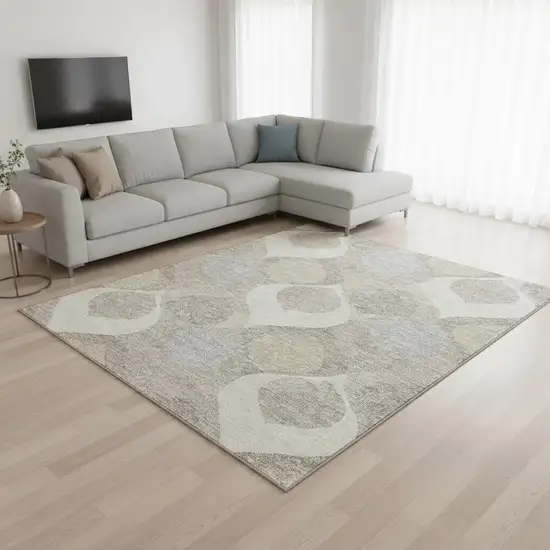 Ivory Beige And Gray Ogee Washable Area Rug With UV Protection Photo 2