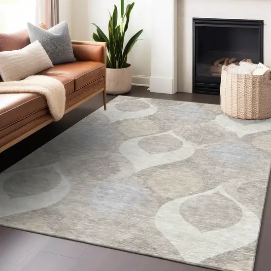 Ivory Beige And Gray Ogee Washable Area Rug With UV Protection Photo 6