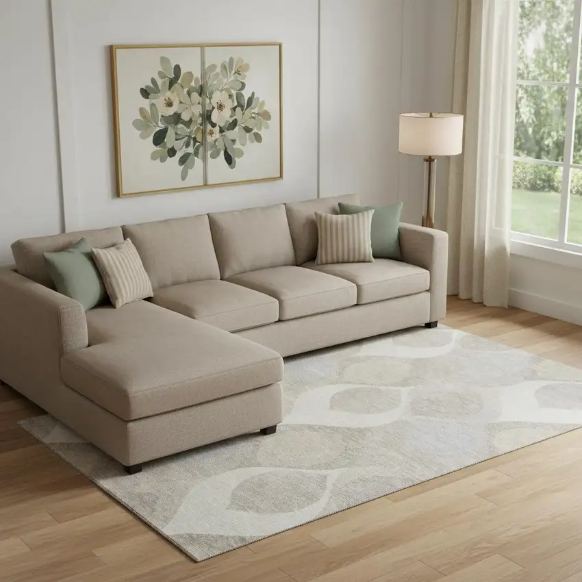 Ivory Beige And Gray Ogee Washable Area Rug With UV Protection Photo 1