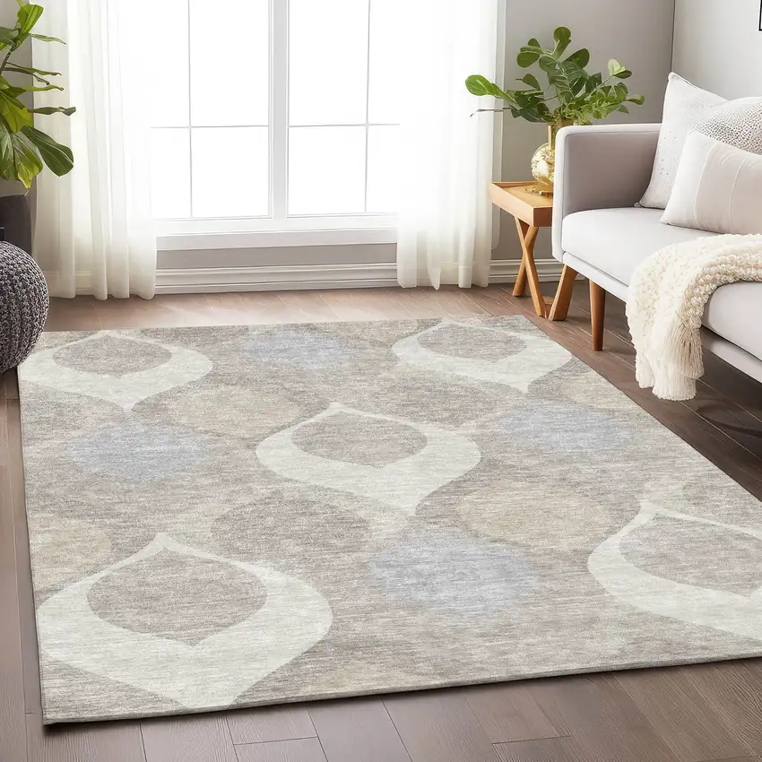 Ivory Beige And Gray Ogee Washable Area Rug With UV Protection Photo 5