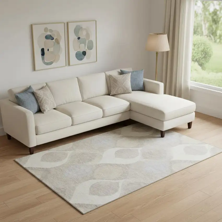 Ivory Beige And Gray Ogee Washable Area Rug With UV Protection Photo 1