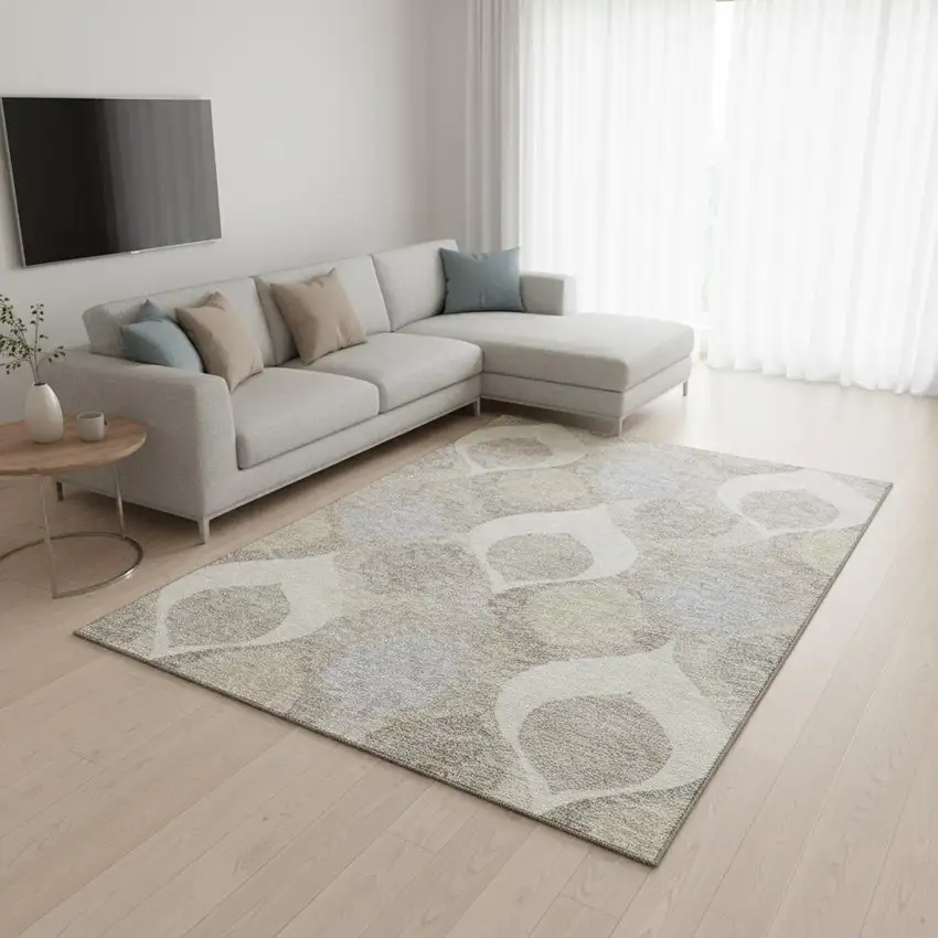 Ivory Beige And Gray Ogee Washable Area Rug With UV Protection Photo 2