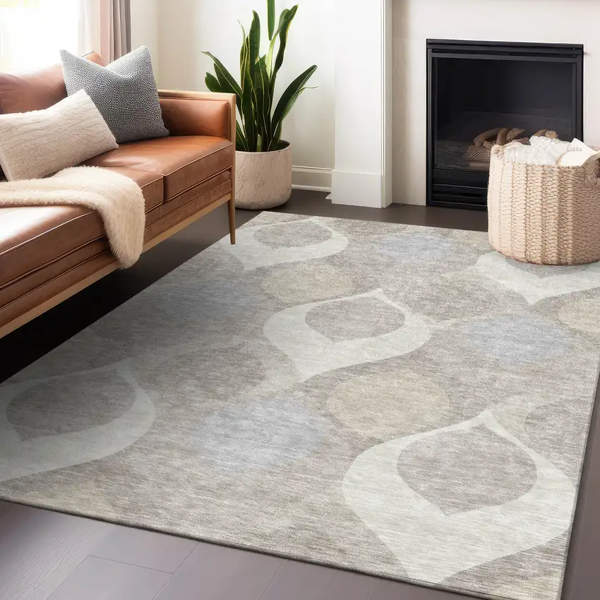 Ivory Beige And Gray Ogee Washable Area Rug With UV Protection Photo 6