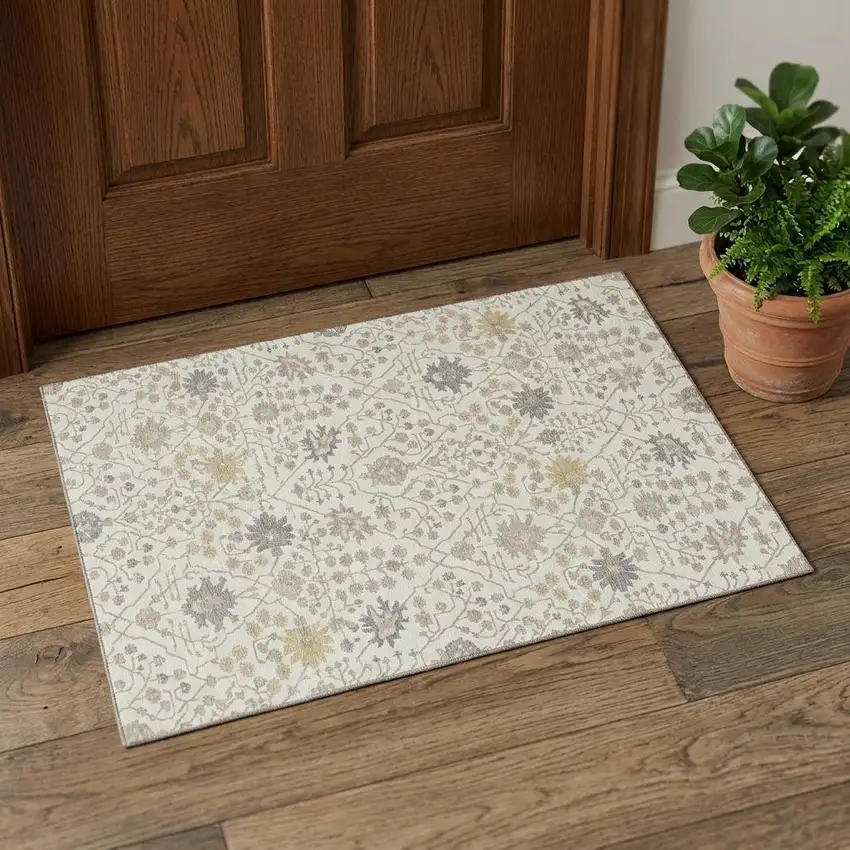 Ivory Beige And Gray Oriental Washable Area Rug With UV Protection Photo 1
