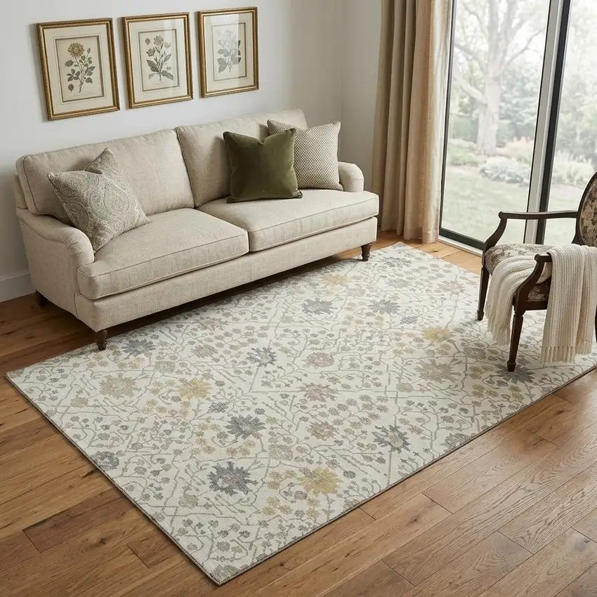 Ivory Beige And Gray Oriental Washable Area Rug With UV Protection Photo 1