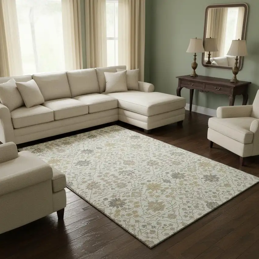 Ivory Beige And Gray Oriental Washable Area Rug With UV Protection Photo 2