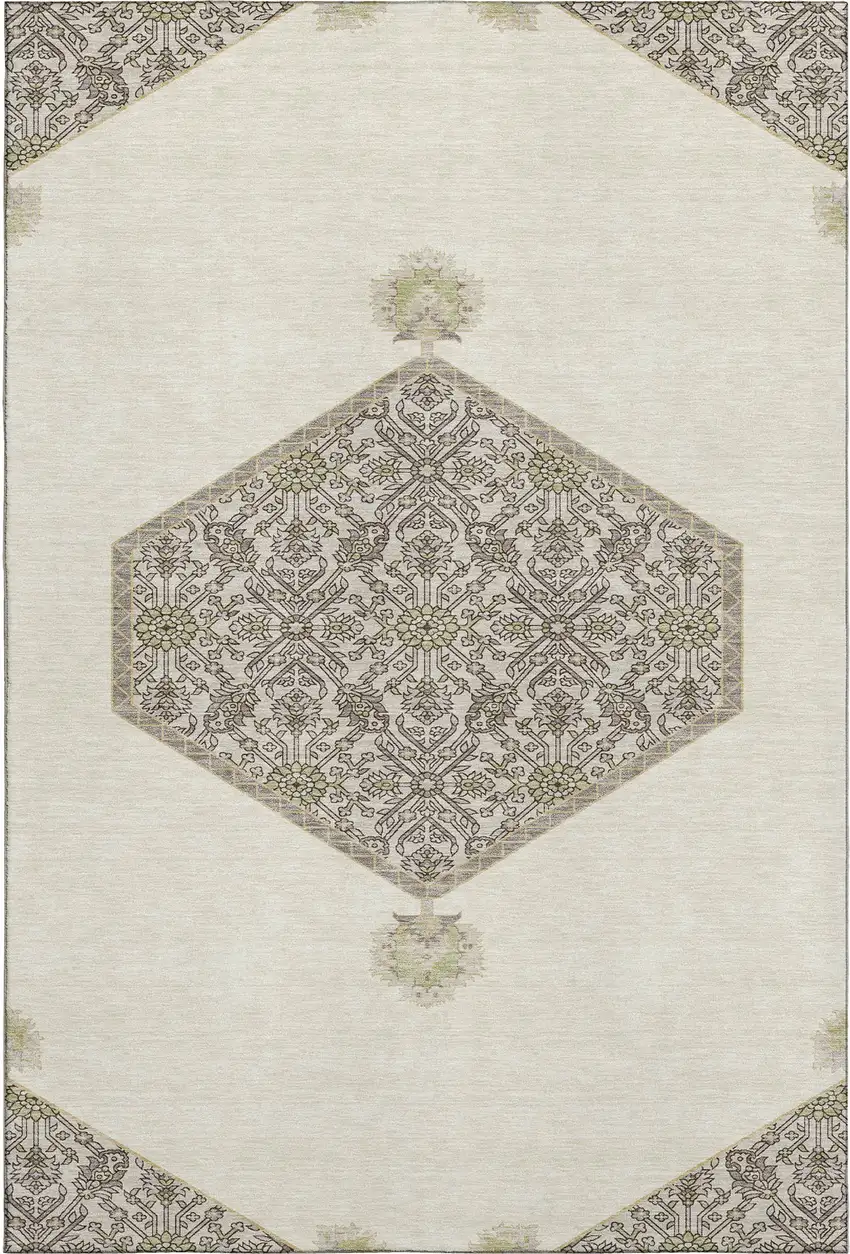 Ivory Beige And Gray Oriental Washable Area Rug With UV Protection Photo 1