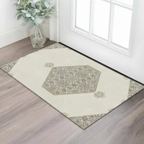 Ivory Beige And Gray Oriental Washable Area Rug With UV Protection Photo 2