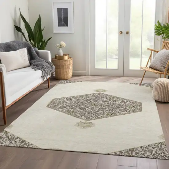 Ivory Beige And Gray Oriental Washable Area Rug With UV Protection Photo 5