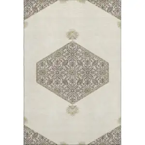Photo of Ivory Beige And Gray Oriental Washable Area Rug With UV Protection