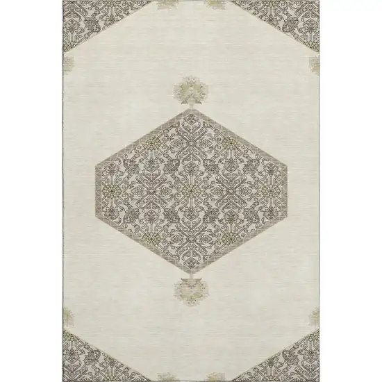 Ivory Beige And Gray Oriental Washable Area Rug With UV Protection Photo 1