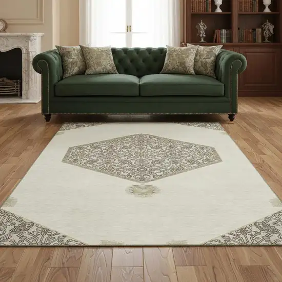 Ivory Beige And Gray Oriental Washable Area Rug With UV Protection Photo 2