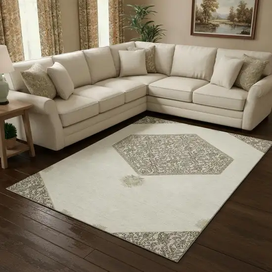 Ivory Beige And Gray Oriental Washable Area Rug With UV Protection Photo 2
