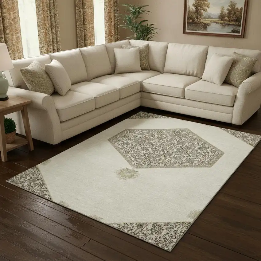 Ivory Beige And Gray Oriental Washable Area Rug With UV Protection Photo 2