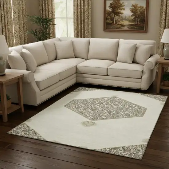Ivory Beige And Gray Oriental Washable Area Rug With UV Protection Photo 2