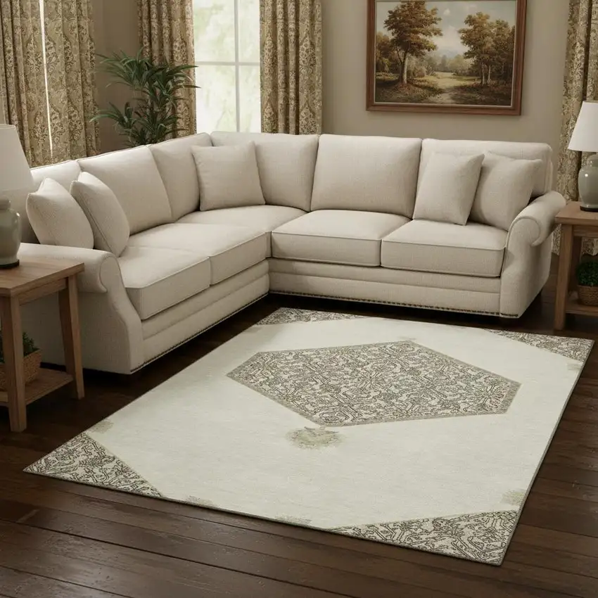 Ivory Beige And Gray Oriental Washable Area Rug With UV Protection Photo 2