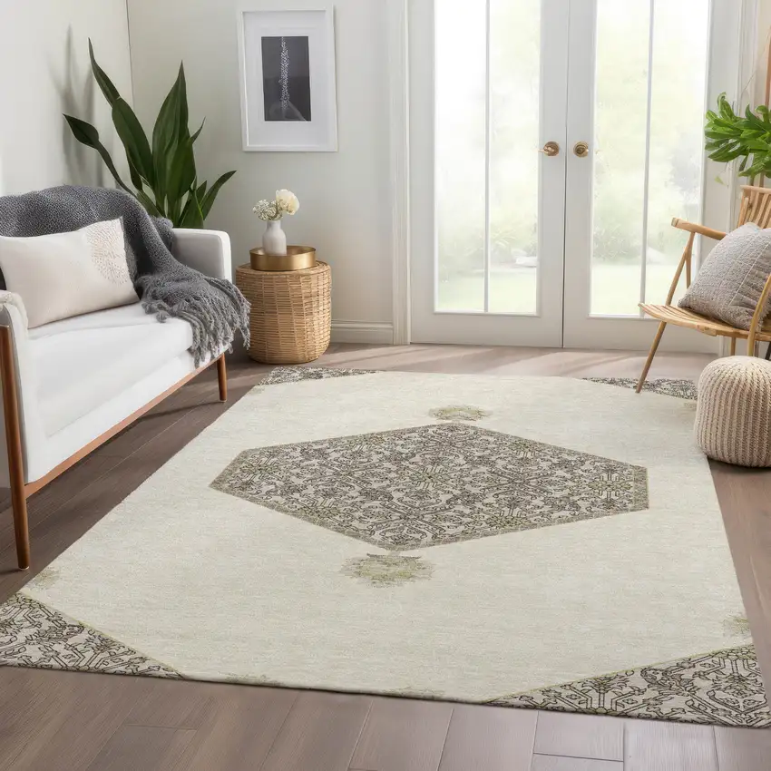 Ivory Beige And Gray Oriental Washable Area Rug With UV Protection Photo 5