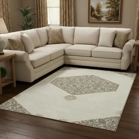 Ivory Beige And Gray Oriental Washable Area Rug With UV Protection Photo 2