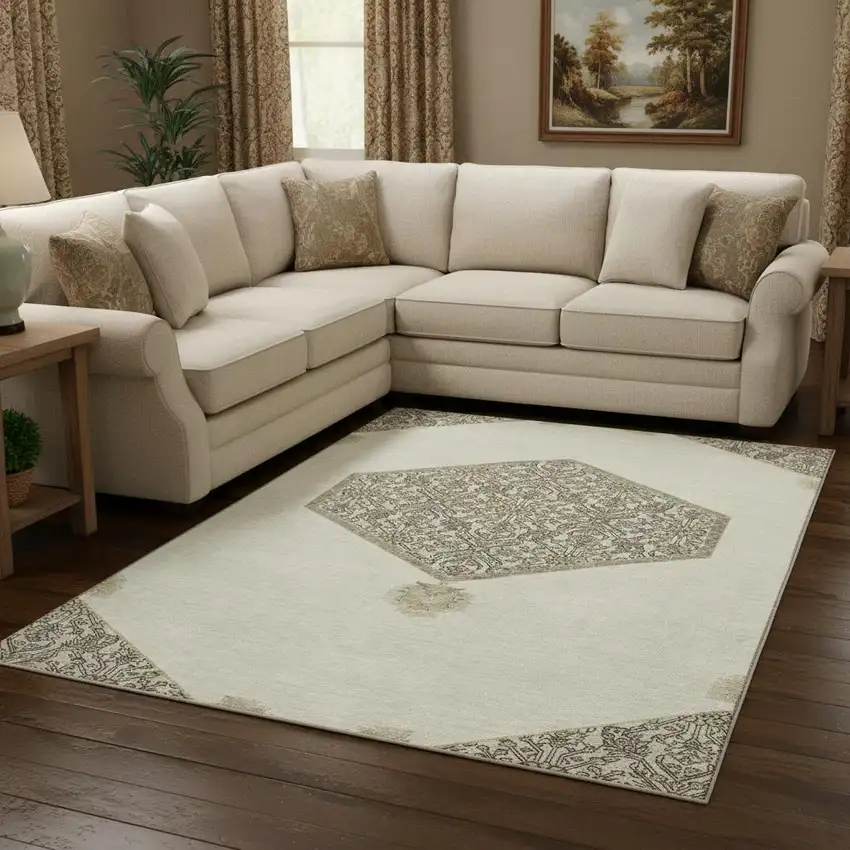 Ivory Beige And Gray Oriental Washable Area Rug With UV Protection Photo 2