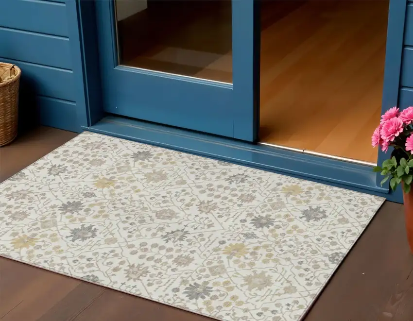 Ivory Beige And Gray Oriental Washable Indoor Outdoor Area Rug Photo 1