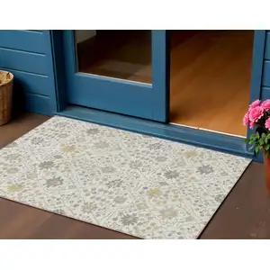 Photo of Ivory Beige And Gray Oriental Washable Indoor Outdoor Area Rug