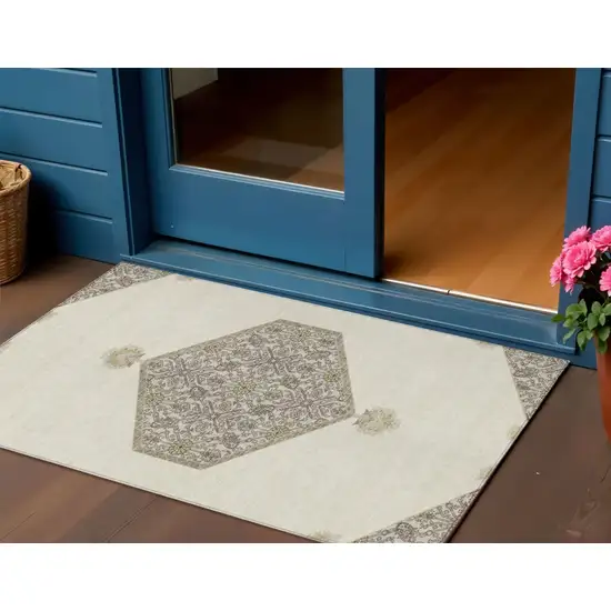 Ivory Beige And Gray Oriental Washable Indoor Outdoor Area Rug Photo 1