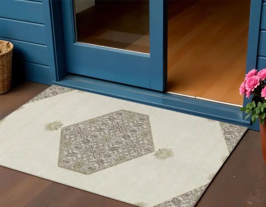 Ivory Beige And Gray Oriental Washable Indoor Outdoor Area Rug Photo 1