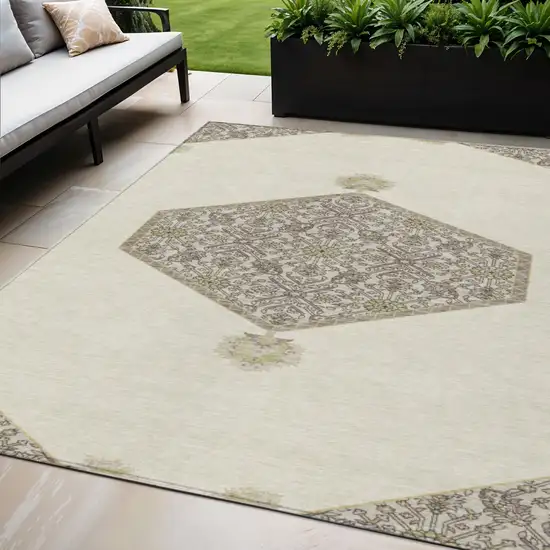 Ivory Beige And Gray Oriental Washable Indoor Outdoor Area Rug Photo 1