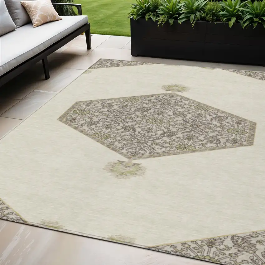 Ivory Beige And Gray Oriental Washable Indoor Outdoor Area Rug Photo 1