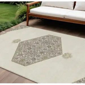 Photo of Ivory Beige And Gray Oriental Washable Indoor Outdoor Area Rug