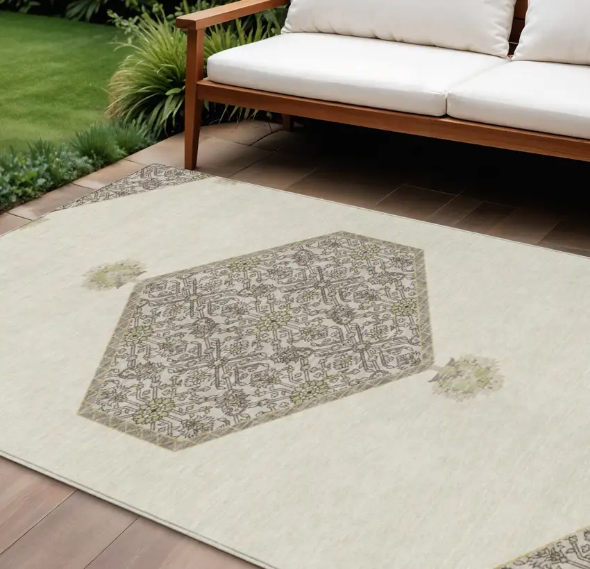 Ivory Beige And Gray Oriental Washable Indoor Outdoor Area Rug Photo 1