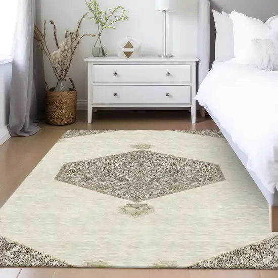 Ivory Beige And Gray Oriental Washable Indoor Outdoor Area Rug Photo 9