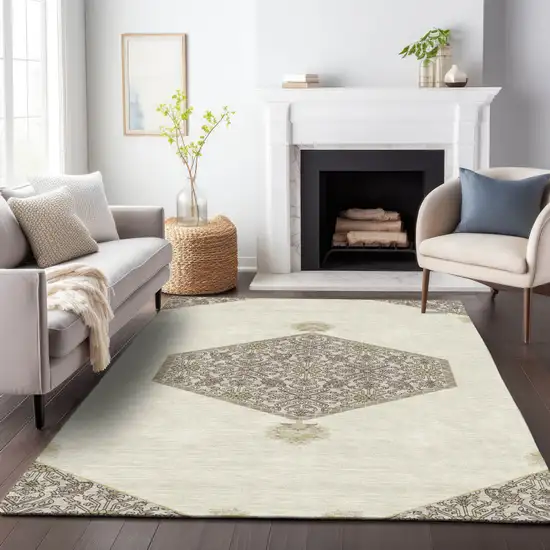 Ivory Beige And Gray Oriental Washable Indoor Outdoor Area Rug Photo 9
