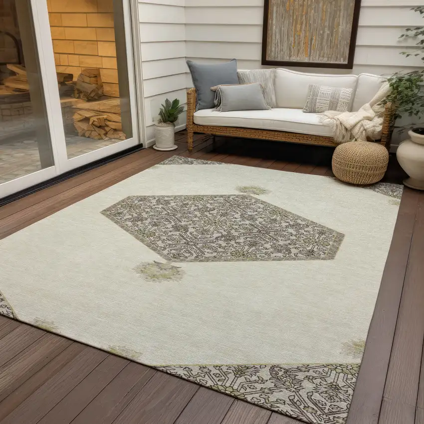 Ivory Beige And Gray Oriental Washable Indoor Outdoor Area Rug Photo 8