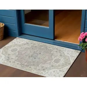 Photo of Ivory Beige And Gray Oriental Washable Indoor Outdoor Area Rug
