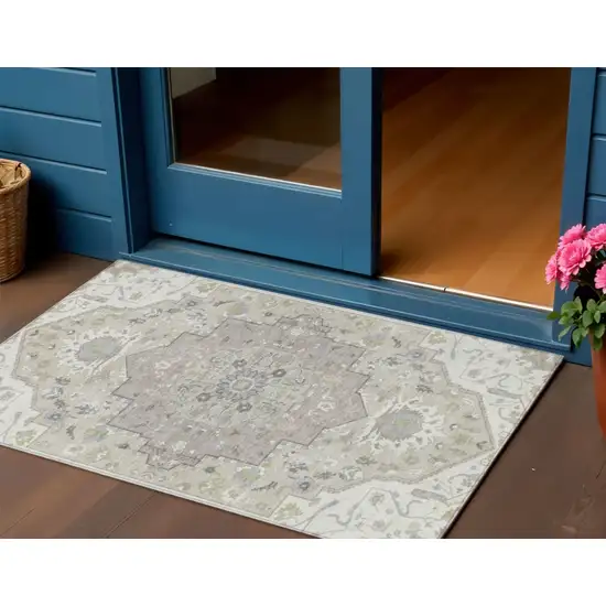 Ivory Beige And Gray Oriental Washable Indoor Outdoor Area Rug Photo 1