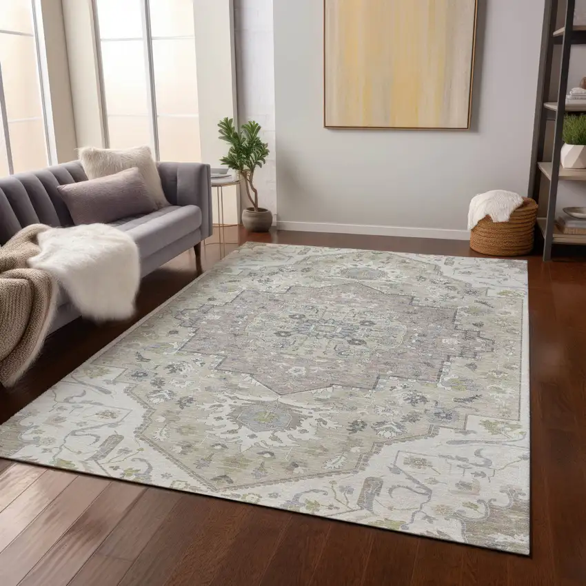 Ivory Beige And Gray Oriental Washable Indoor Outdoor Area Rug Photo 9