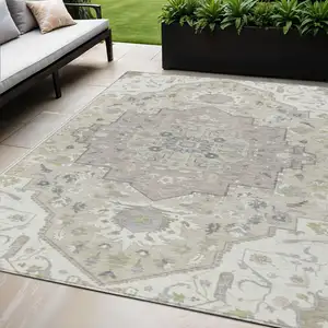 Photo of Ivory Beige And Gray Oriental Washable Indoor Outdoor Area Rug