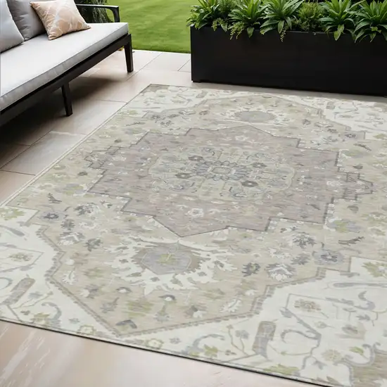 Ivory Beige And Gray Oriental Washable Indoor Outdoor Area Rug Photo 1