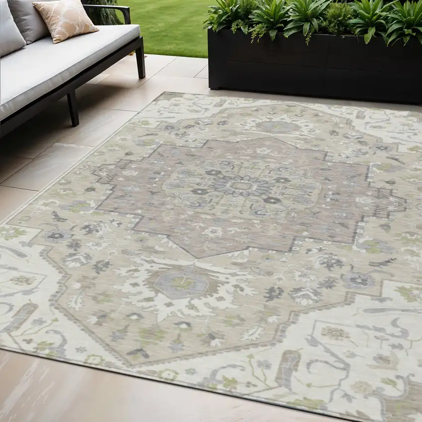 Ivory Beige And Gray Oriental Washable Indoor Outdoor Area Rug Photo 1