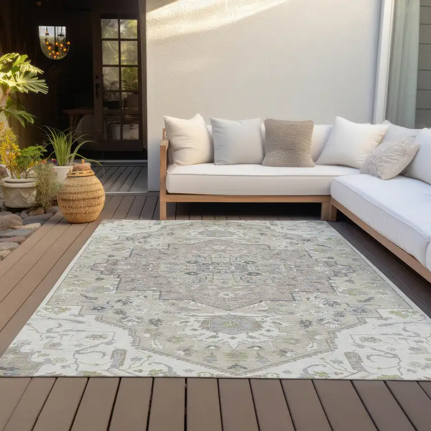 Ivory Beige And Gray Oriental Washable Indoor Outdoor Area Rug Photo 8