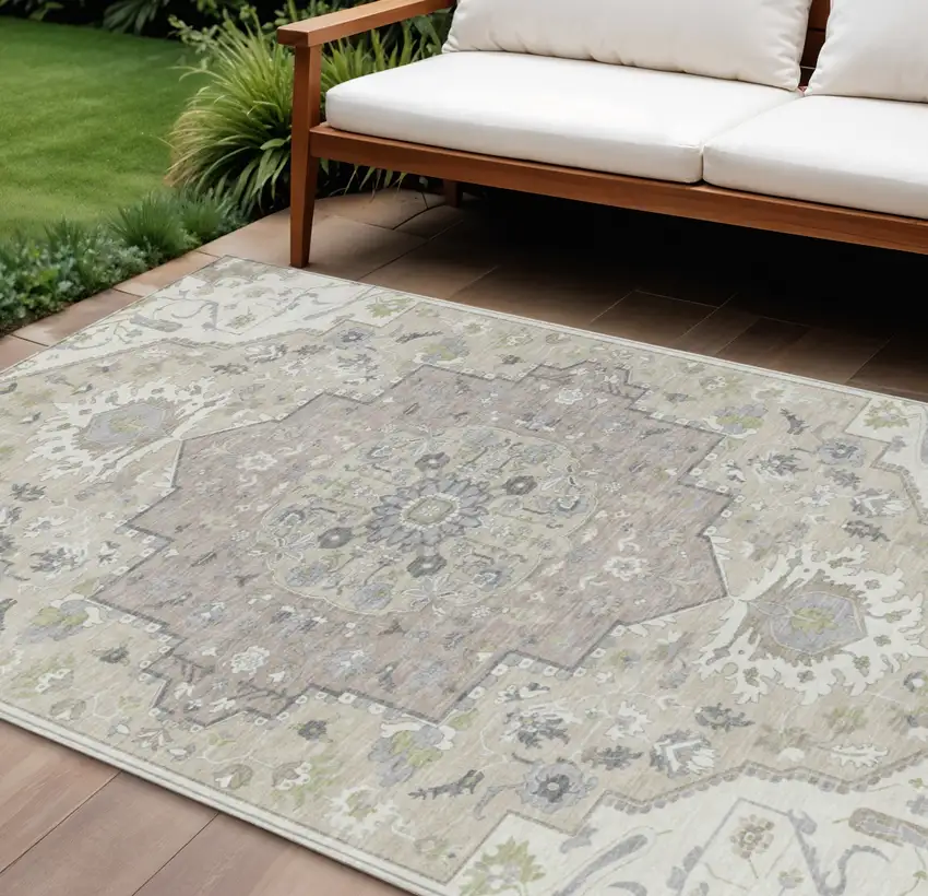 Ivory Beige And Gray Oriental Washable Indoor Outdoor Area Rug Photo 1