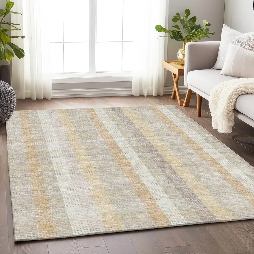 Ivory Beige And Gray Plaid Washable Area Rug With UV Protection Photo 3
