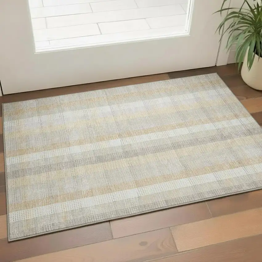 Ivory Beige And Gray Plaid Washable Area Rug With UV Protection Photo 2
