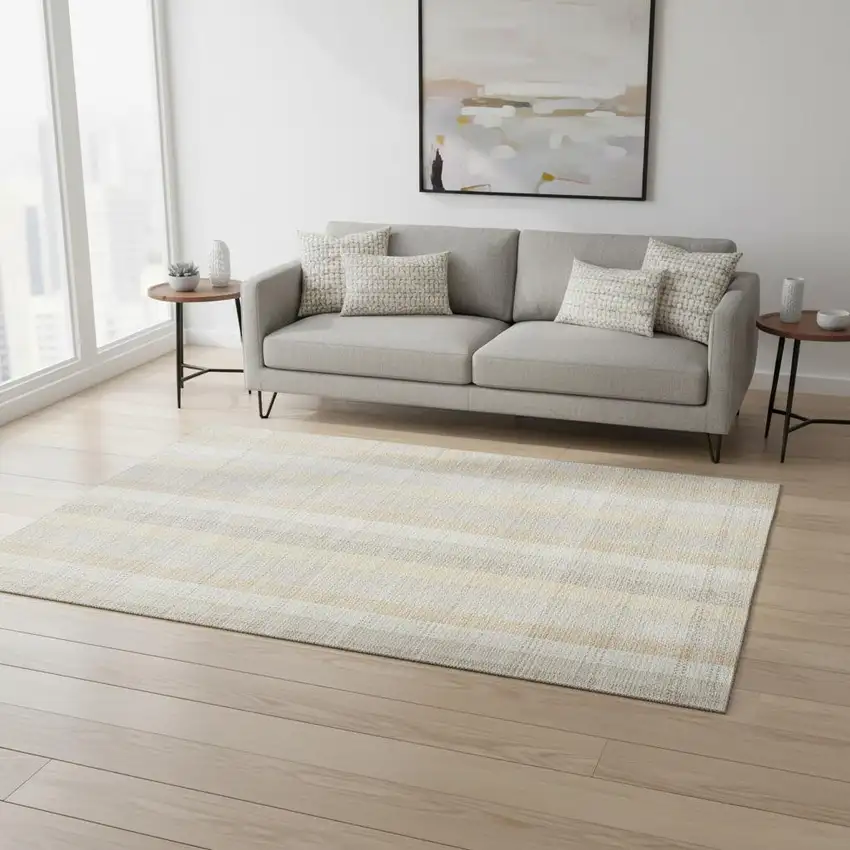 Ivory Beige And Gray Plaid Washable Area Rug With UV Protection Photo 2