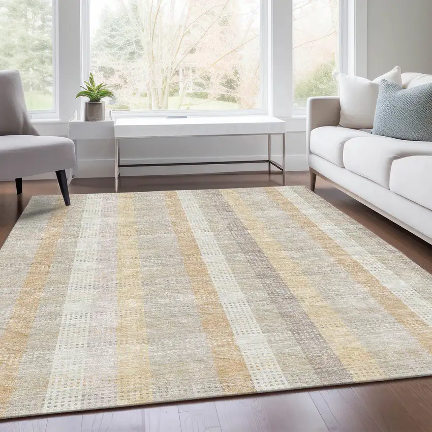 Ivory Beige And Gray Plaid Washable Area Rug With UV Protection Photo 5