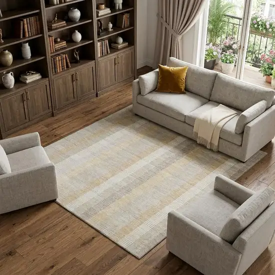 Ivory Beige And Gray Plaid Washable Area Rug With UV Protection Photo 1