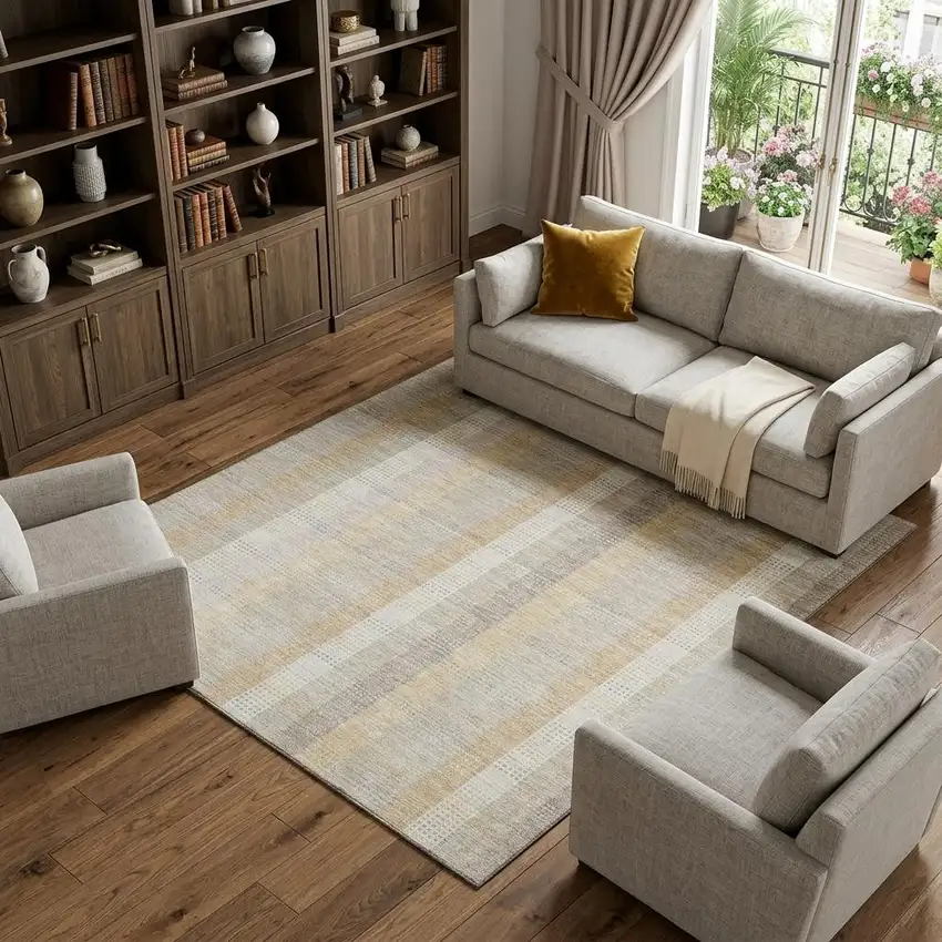 Ivory Beige And Gray Plaid Washable Area Rug With UV Protection Photo 1