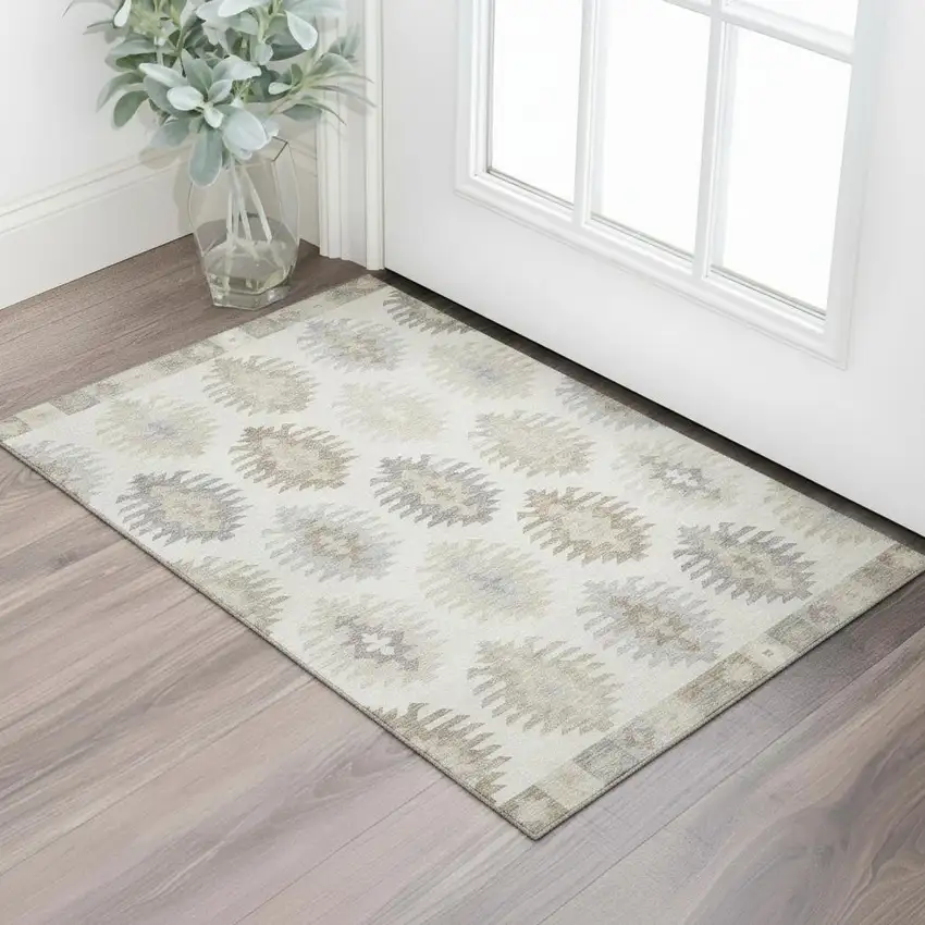 Ivory Beige And Gray Southwestern Washable Area Rug With UV Protection Photo 2