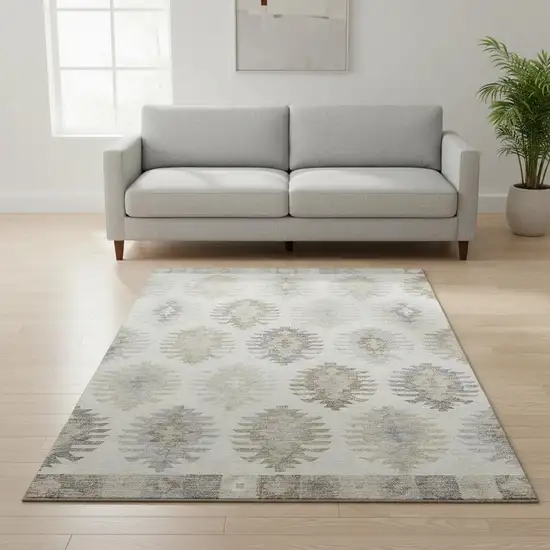 Ivory Beige And Gray Southwestern Washable Area Rug With UV Protection Photo 2